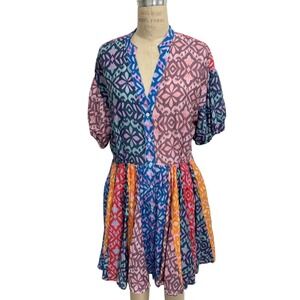 Xirena Lenna Mixed Pattern Shirt Dress Size L Short Sleeves Button Front